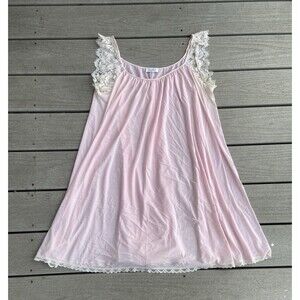 Lucie Ann Vintage Pink Satin Lace Nightgown USA Made Sleeveless Lingerie Large